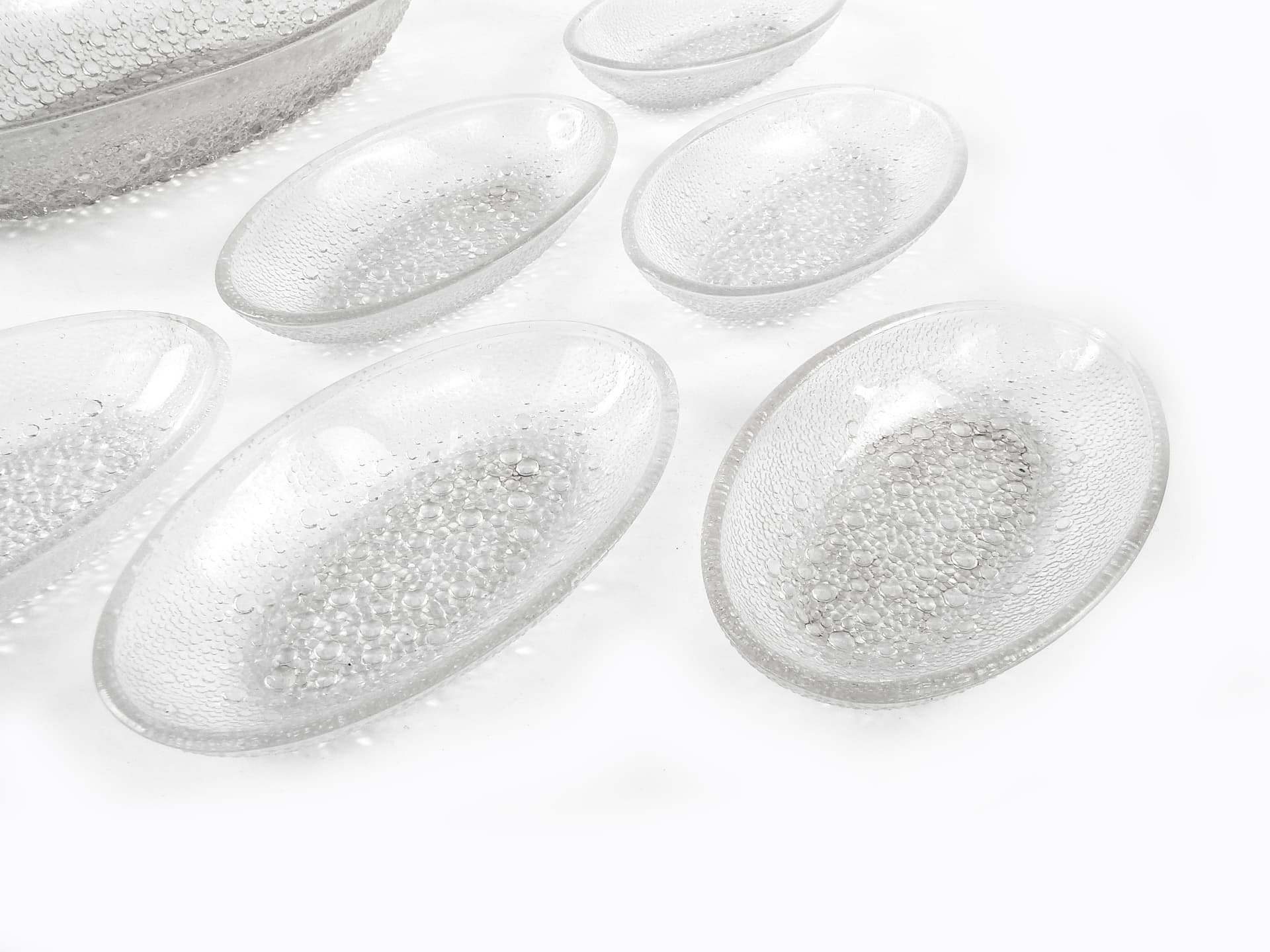 Krople Rosy dessert plate set, clear glass, by J. Drost, Ząbkowice, Poland, 1970s. - 106426