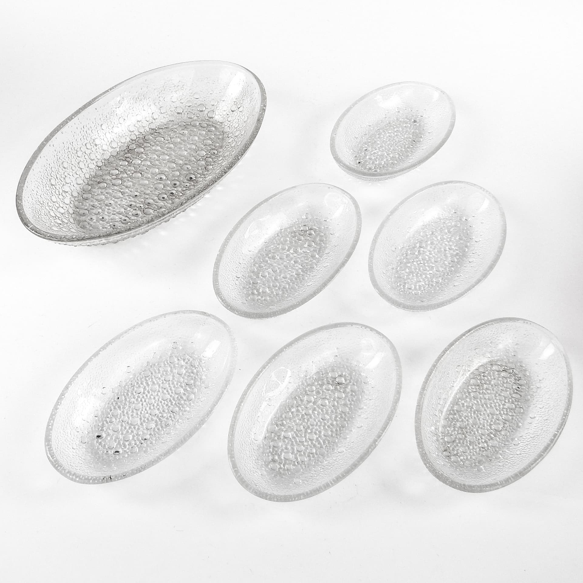 Krople Rosy dessert plate set, clear glass, by J. Drost, Ząbkowice, Poland, 1970s. - 106429