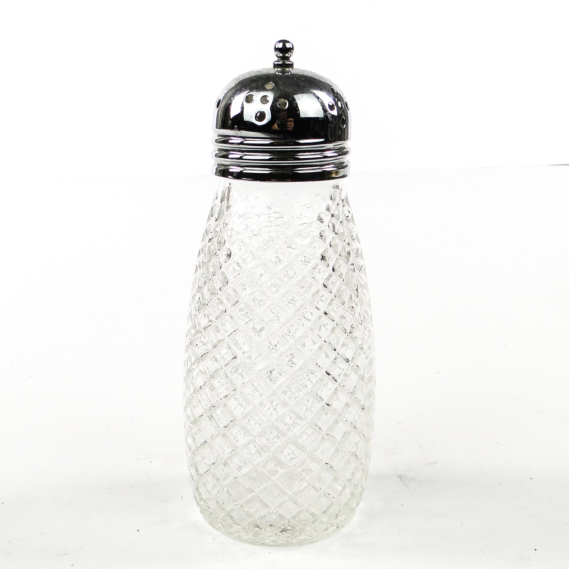 Cukiernica do cukru pudru Art Déco, szkło, mosiądz srebrzony, Wielka Brytania, lata 50. - 106806