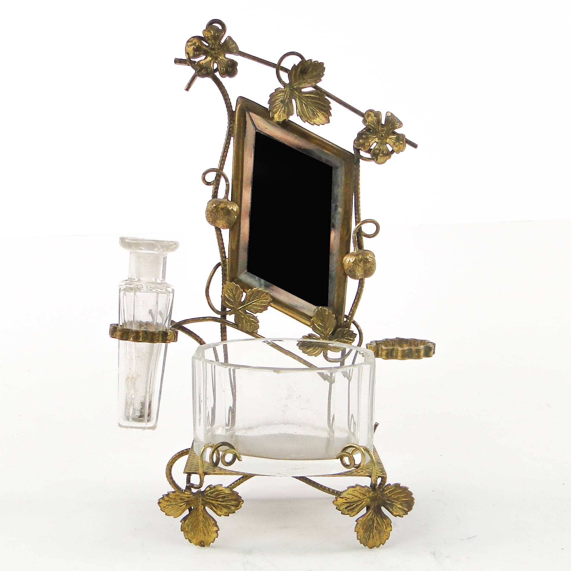 Zestaw toaletowy miniaturowy Biedermeier, mosiądz złocony, szkło, Austria, XIX w. - 106855