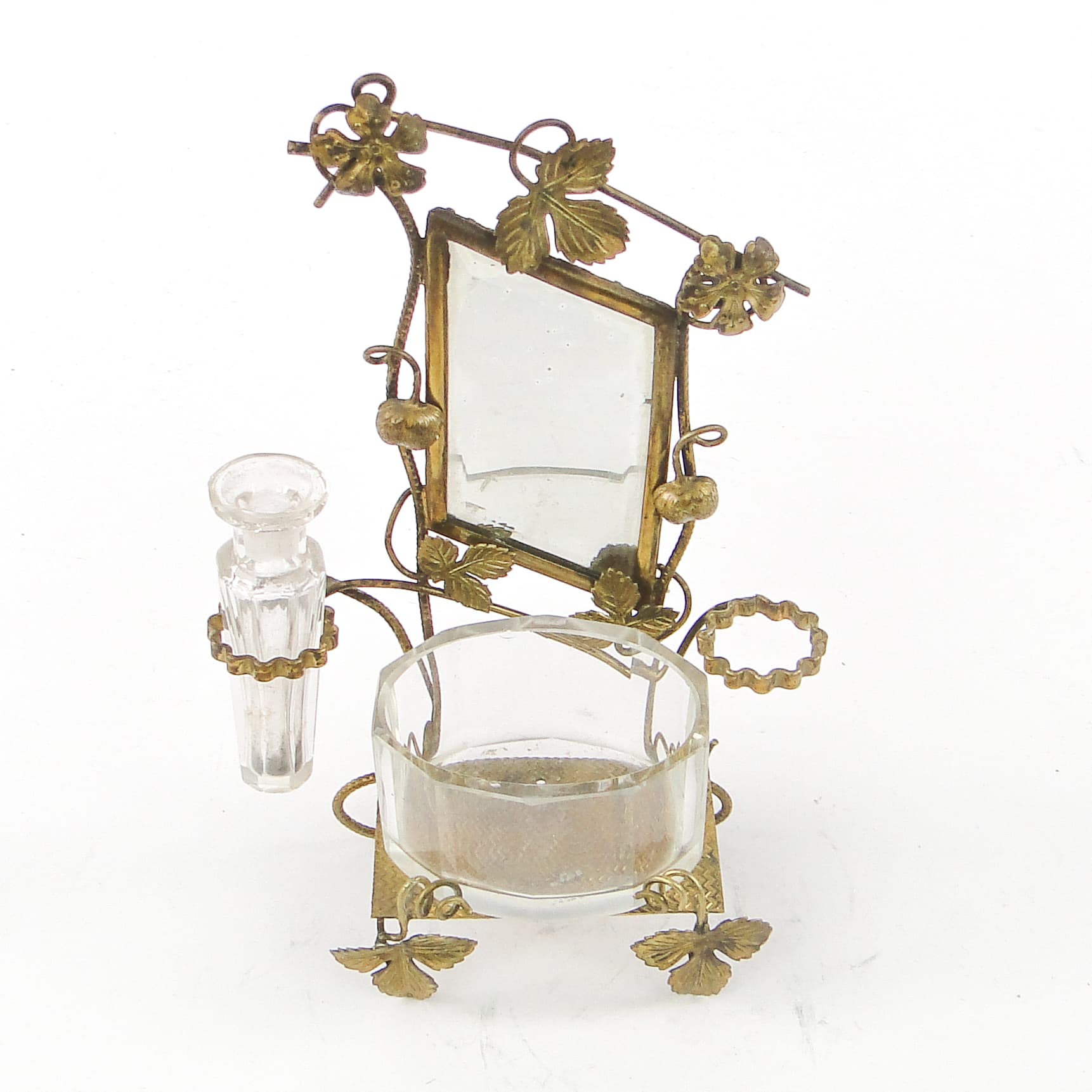 Zestaw toaletowy miniaturowy Biedermeier, mosiądz złocony, szkło, Austria, XIX w. - 106857