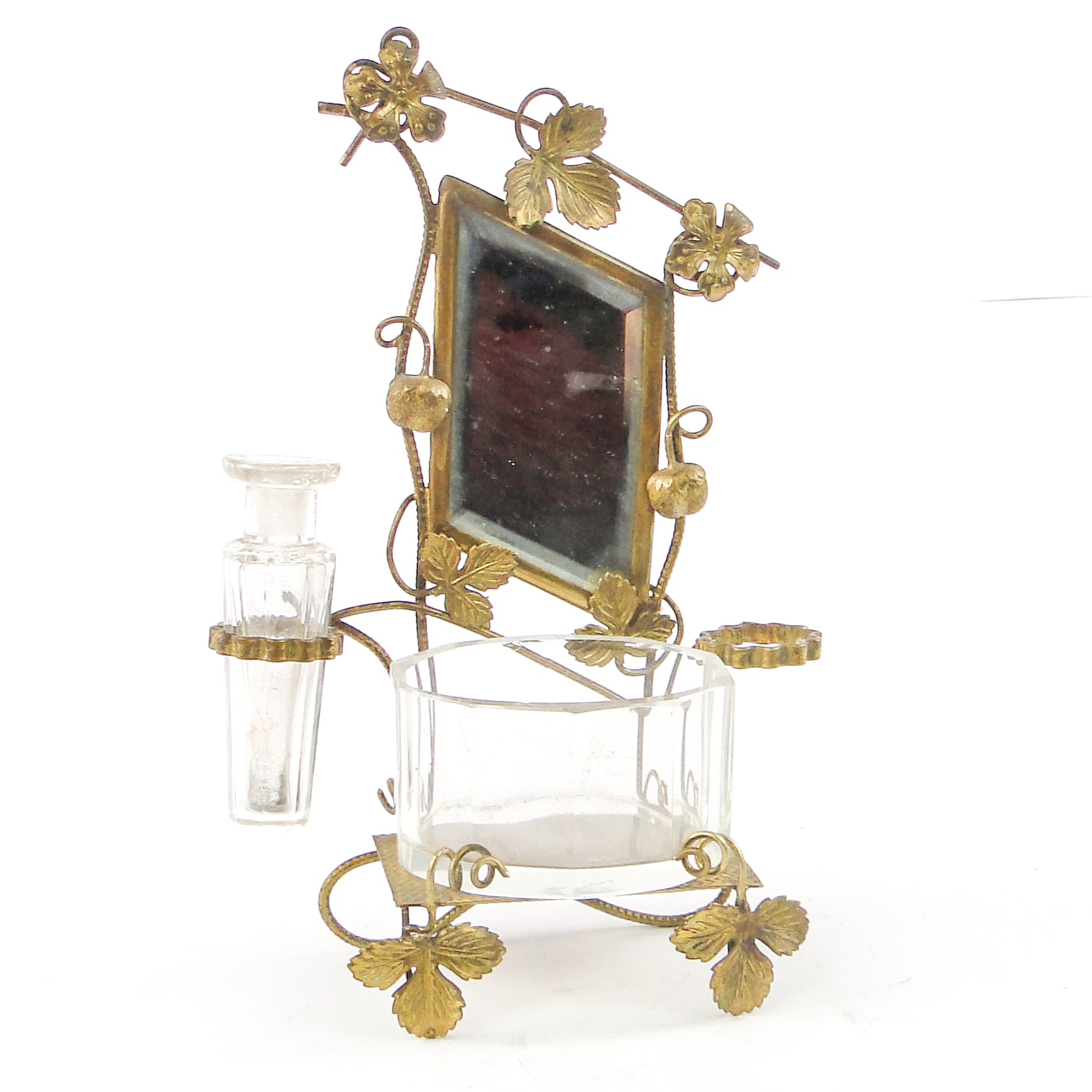 Zestaw toaletowy miniaturowy Biedermeier, mosiądz złocony, szkło, Austria, XIX w. - 106856