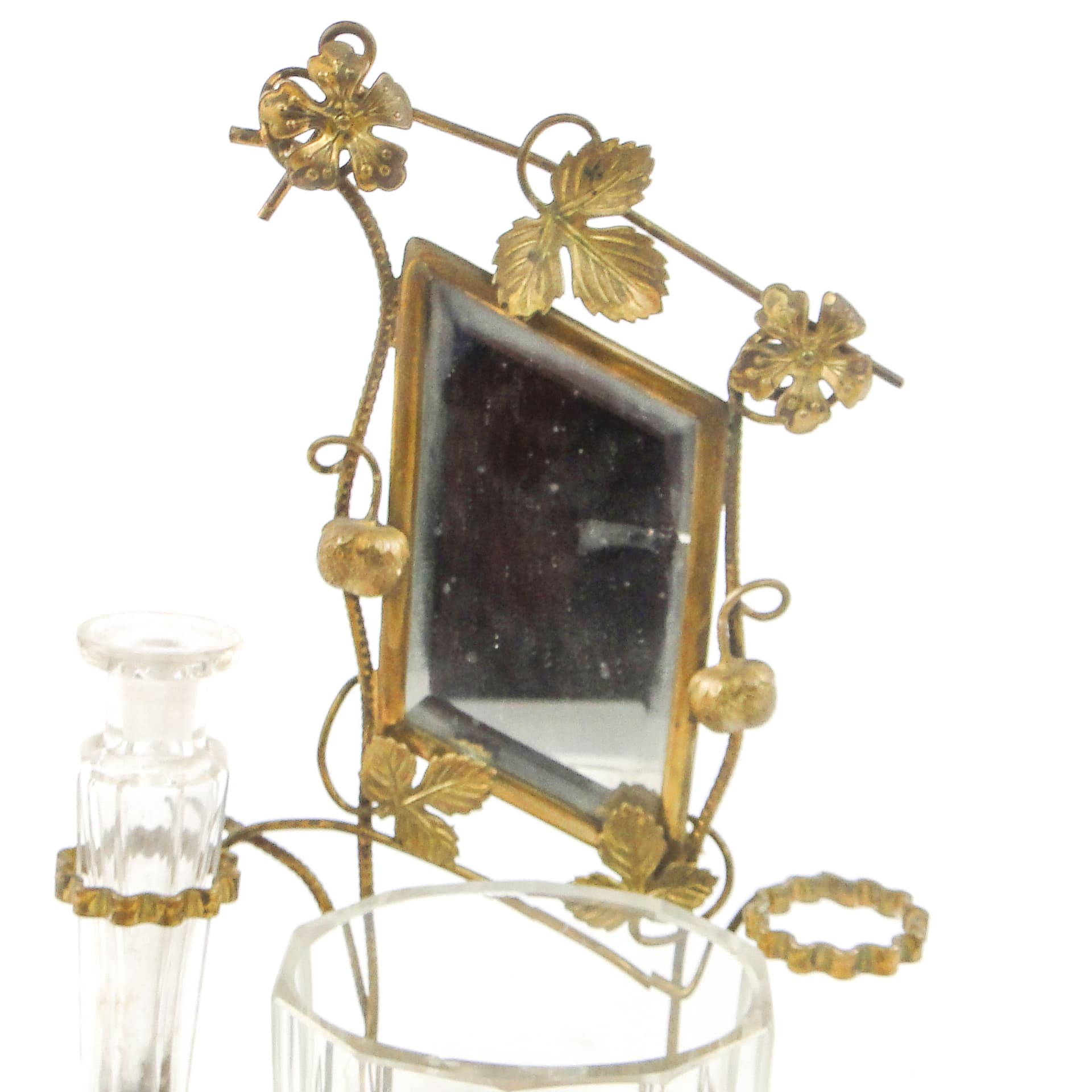 Zestaw toaletowy miniaturowy Biedermeier, mosiądz złocony, szkło, Austria, XIX w. - 106860