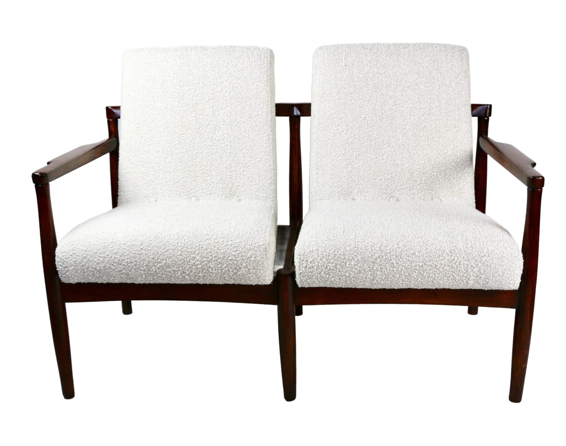 Sofa dwuosobowa, boucle, drewno, lata 70.