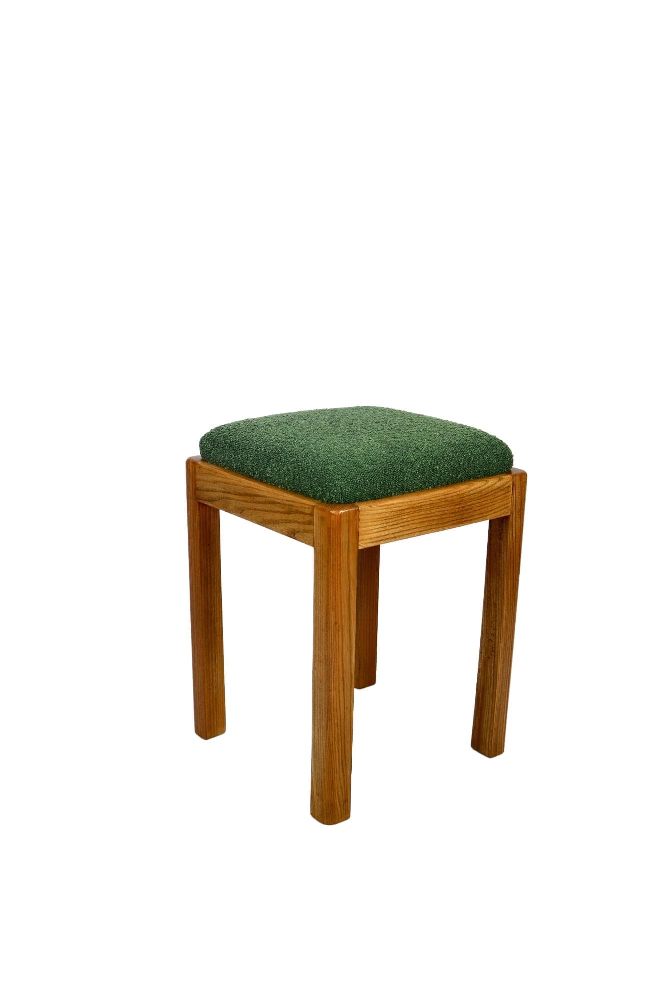 Stool, green bouclé, beech, Poland, 1970s.