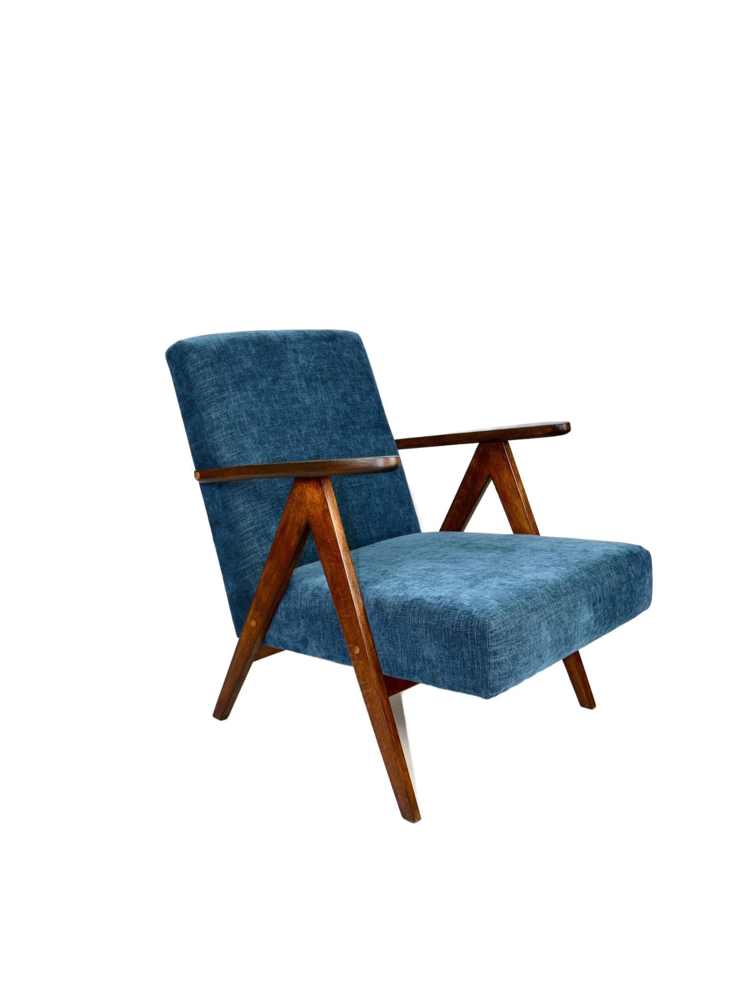 Armchair, VAR B-310 style, navy blue, walnut, 1970s.