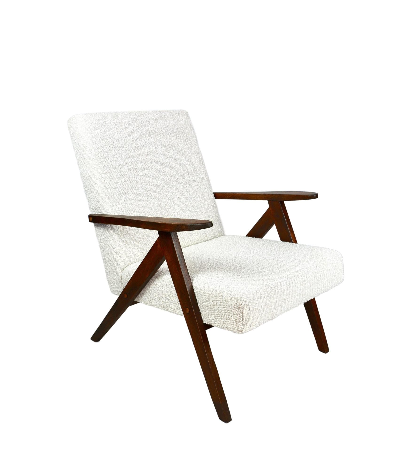 Armchair VAR B-310, ivory bouclé, dark oak, Poland, 1970s.