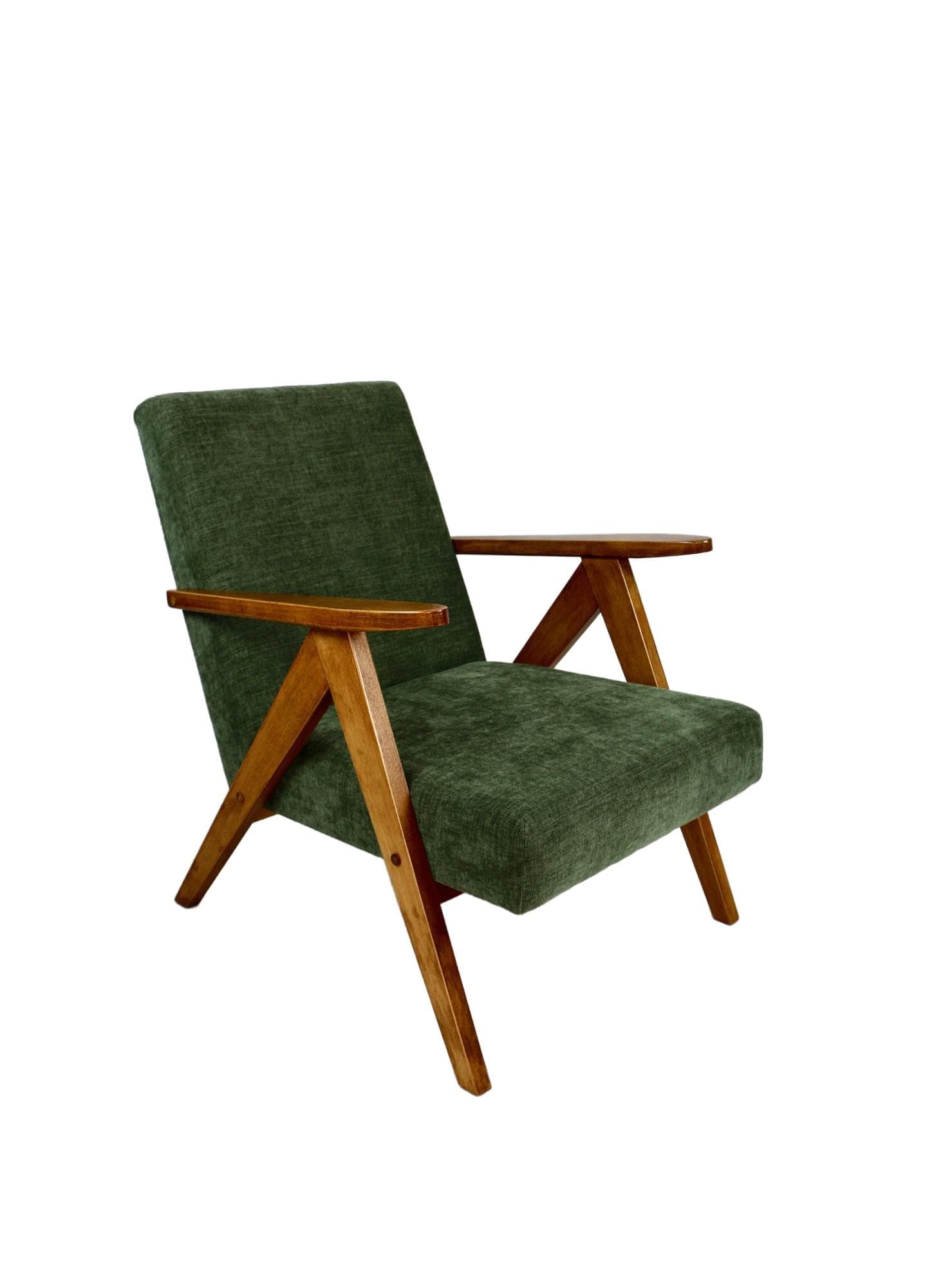 Armchair B-310 VAR, olive green, light wood, Poland, 1970s.