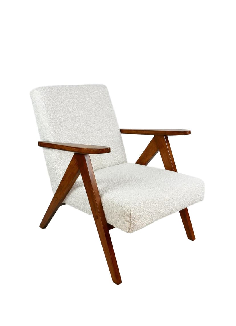 Fotel VAR B-310, bouclé ivory, orzech, Polska, lata 70.