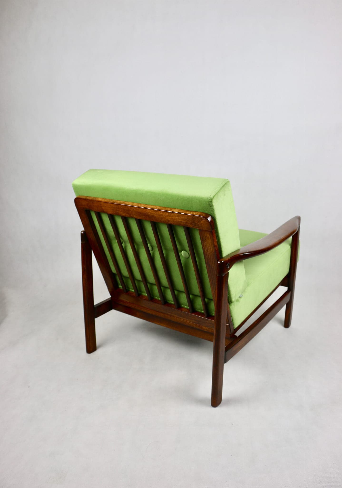 Armchair, pea green velvet, brown wood, by Z. Bączyk, Poland, 1970s. - 107839