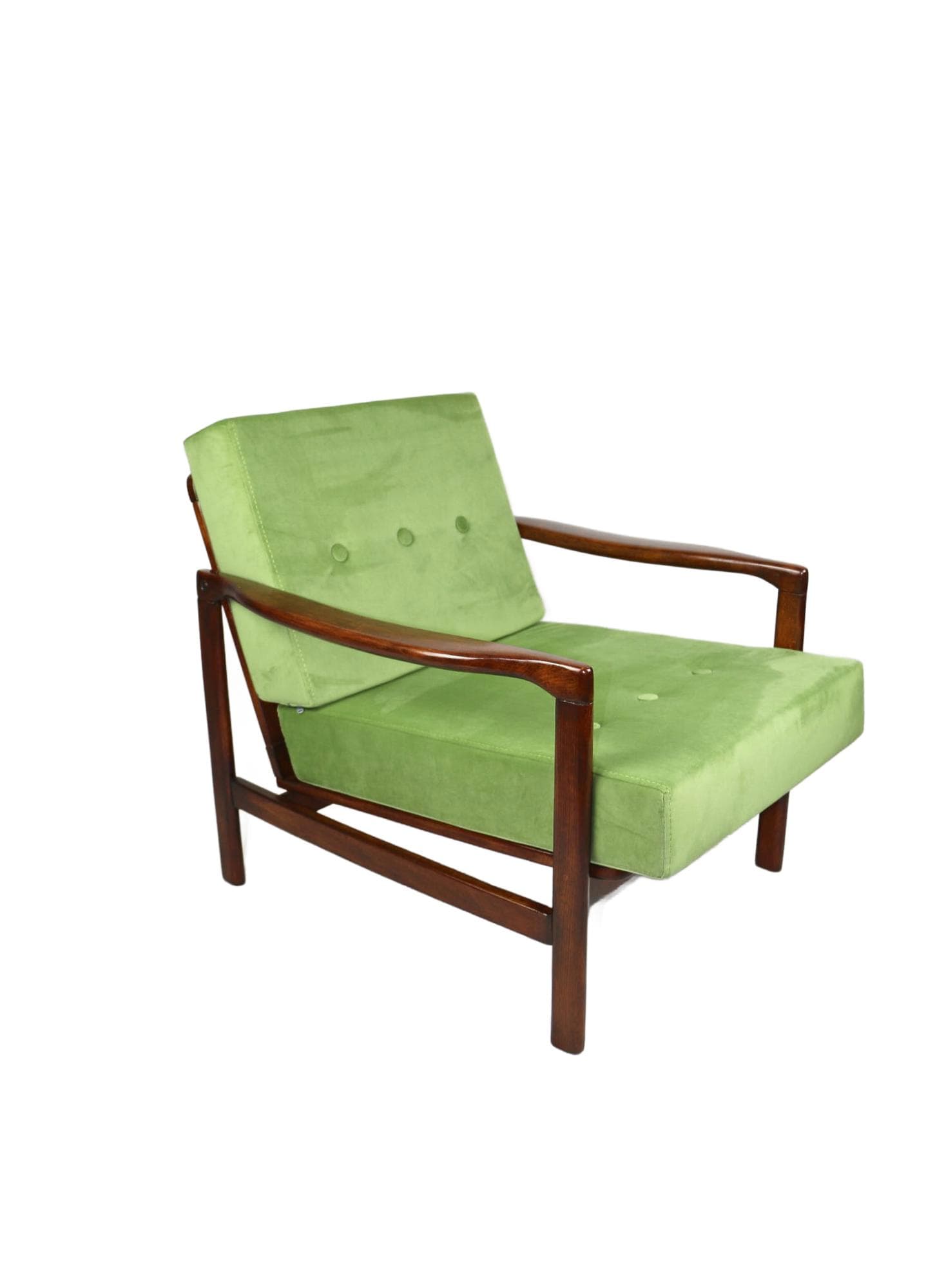 Armchair, pea green velvet, brown wood, by Z. Bączyk, Poland, 1970s.