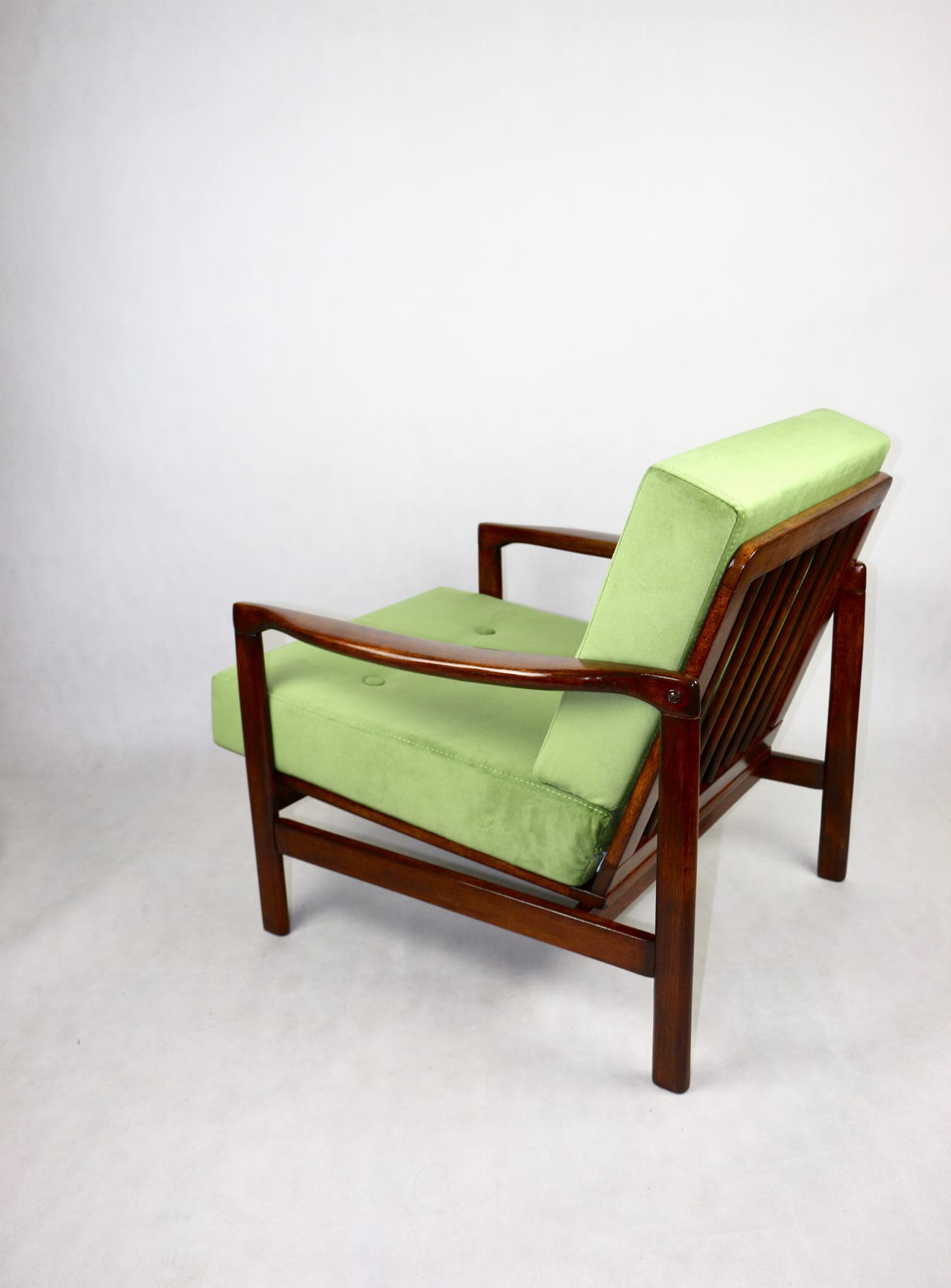 Armchair, pea green velvet, brown wood, by Z. Bączyk, Poland, 1970s. - 107840