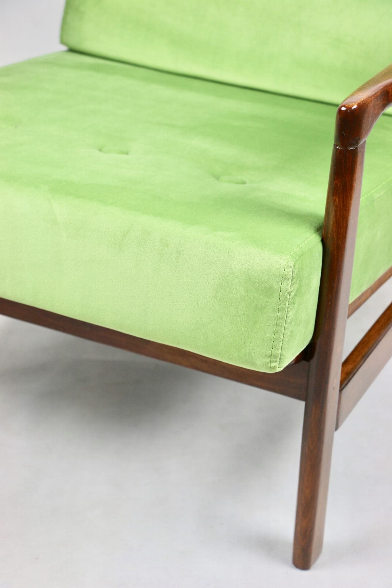 Armchair, pea green velvet, brown wood, by Z. Bączyk, Poland, 1970s. - 107843