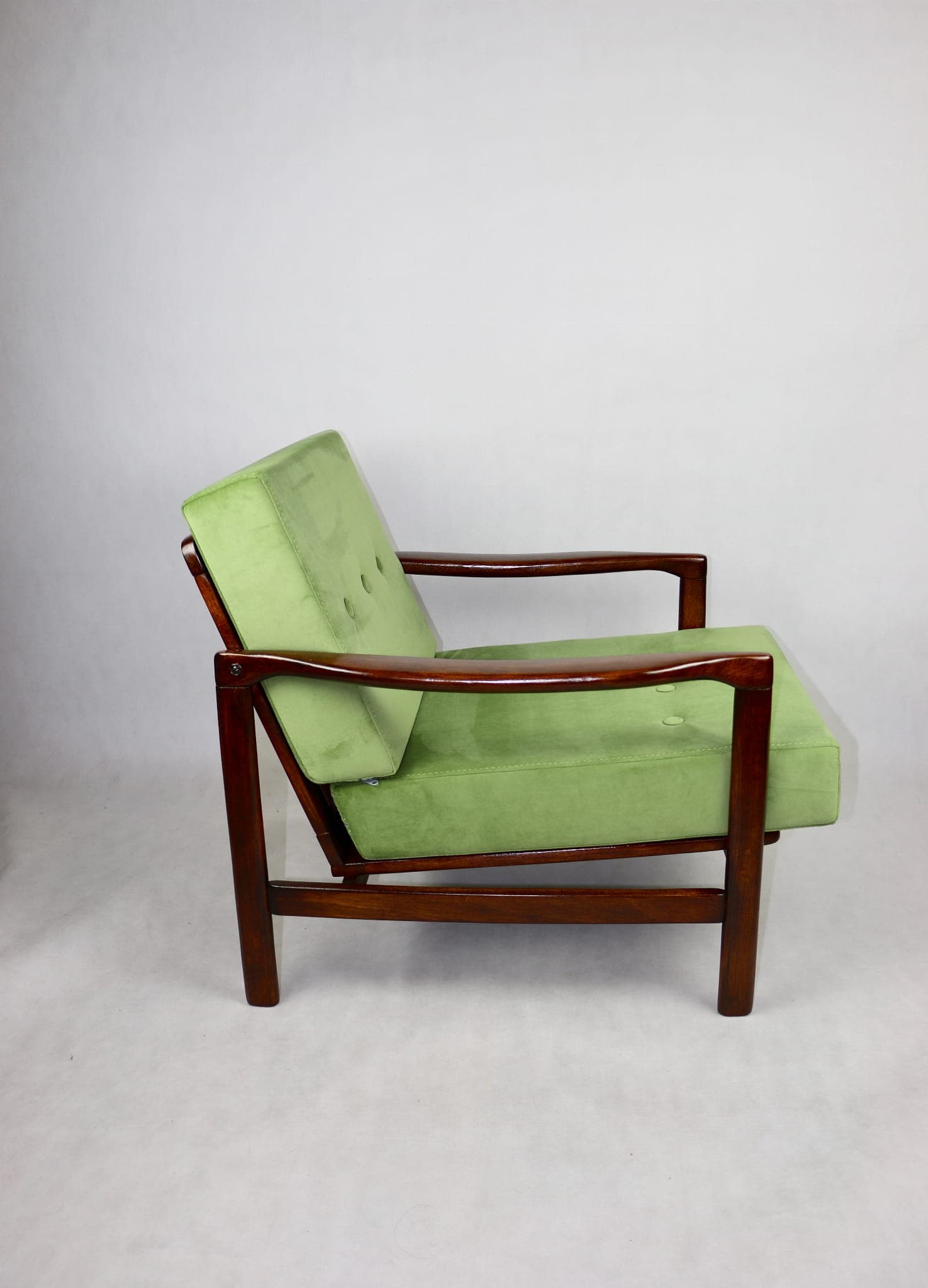 Armchair, pea green velvet, brown wood, by Z. Bączyk, Poland, 1970s. - 107838