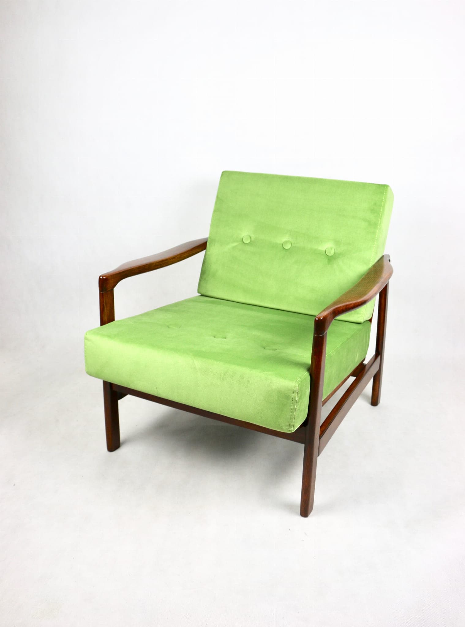 Armchair, pea green velvet, brown wood, by Z. Bączyk, Poland, 1970s. - 107842