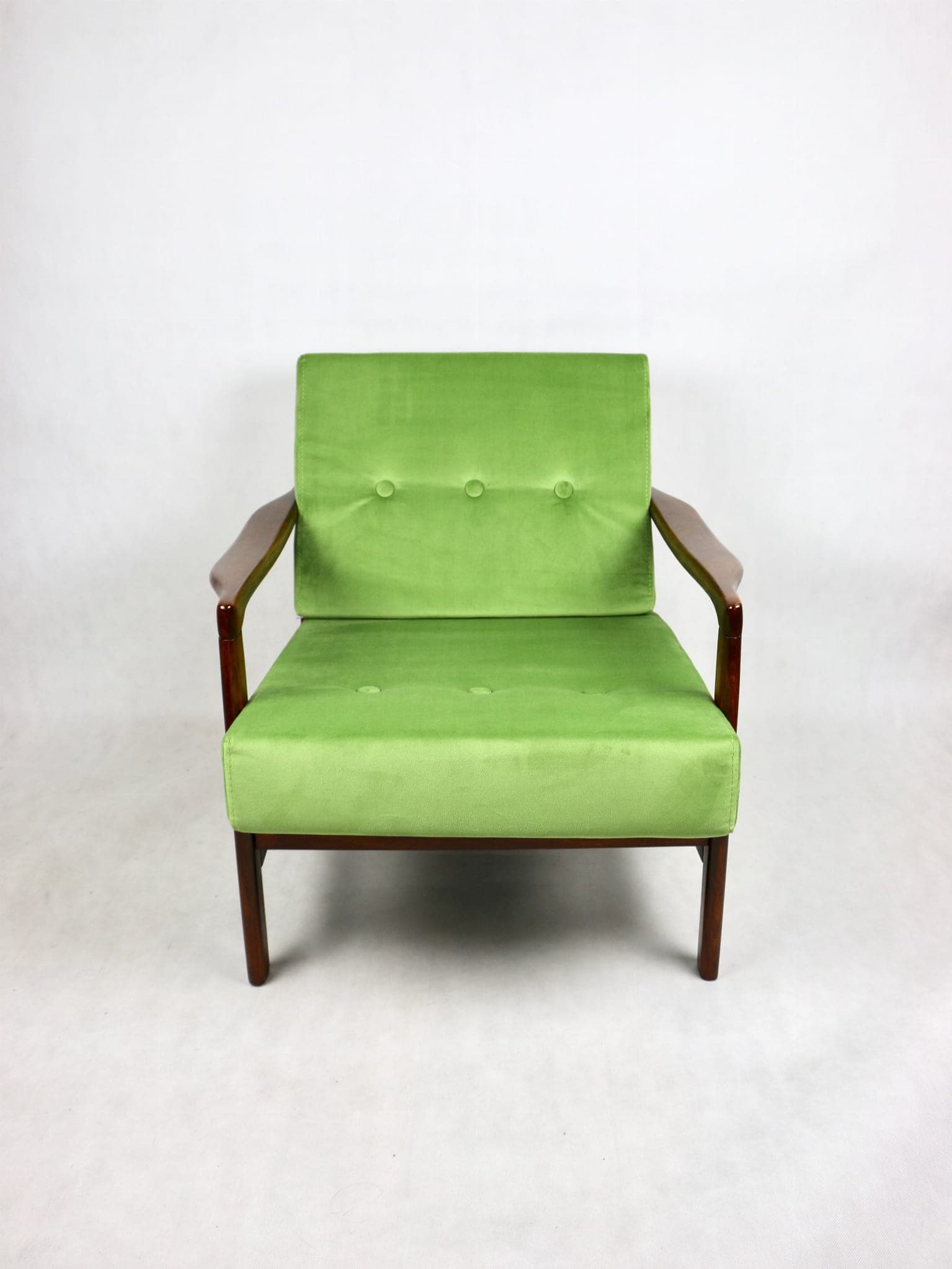 Armchair, pea green velvet, brown wood, by Z. Bączyk, Poland, 1970s. - 107837