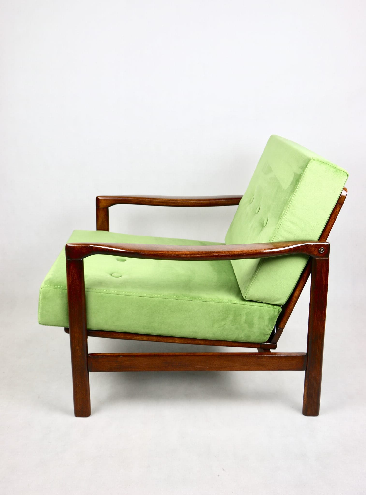 Armchair, pea green velvet, brown wood, by Z. Bączyk, Poland, 1970s. - 107841