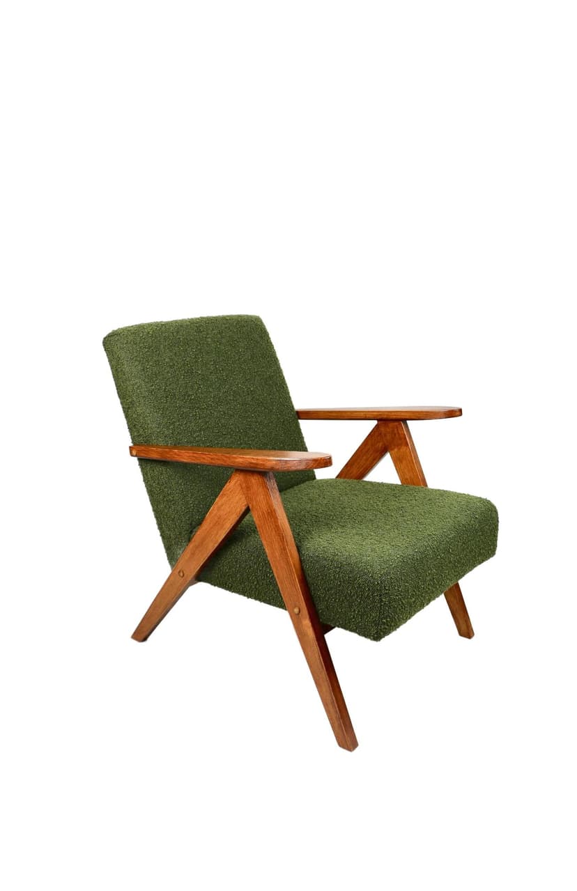 Fotel VAR B-310, boucle oliwkowy, dąb, Polska, lata 70.