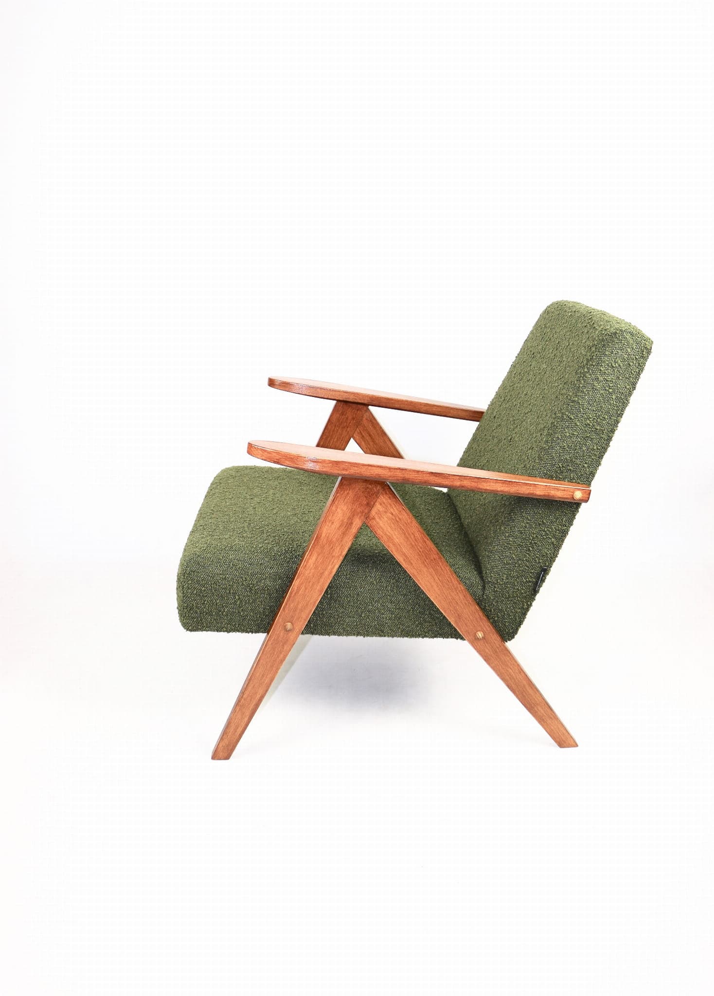 Armchair VAR B-310, olive bouclé, oak, Poland, 1970s. - 107833