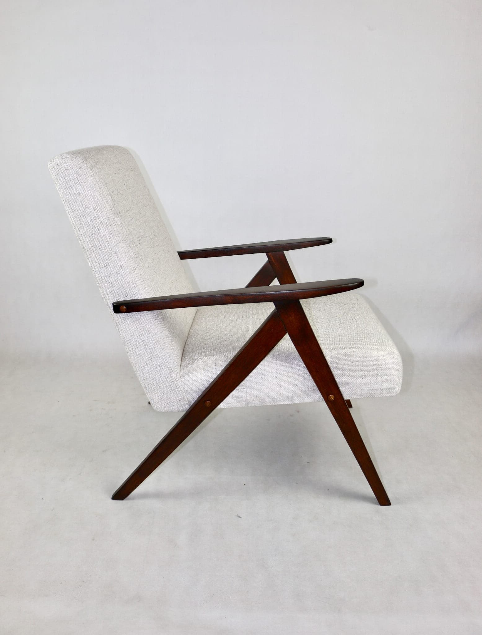 Armchair VAR B-310, ivory bouclé, wood, Poland, 1970s. - 107800