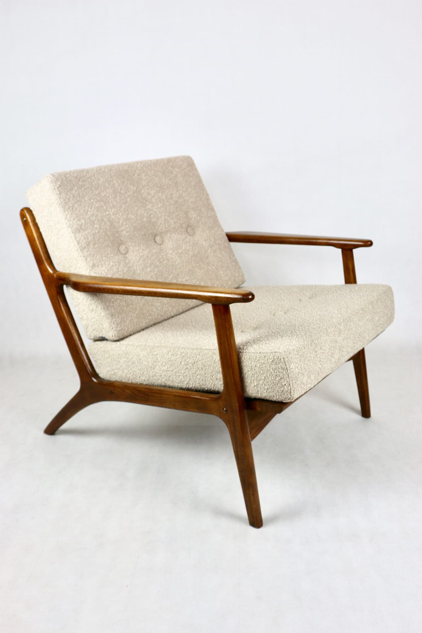 Armchair, beige bouclé, wood, Denmark, 1970s - 107784