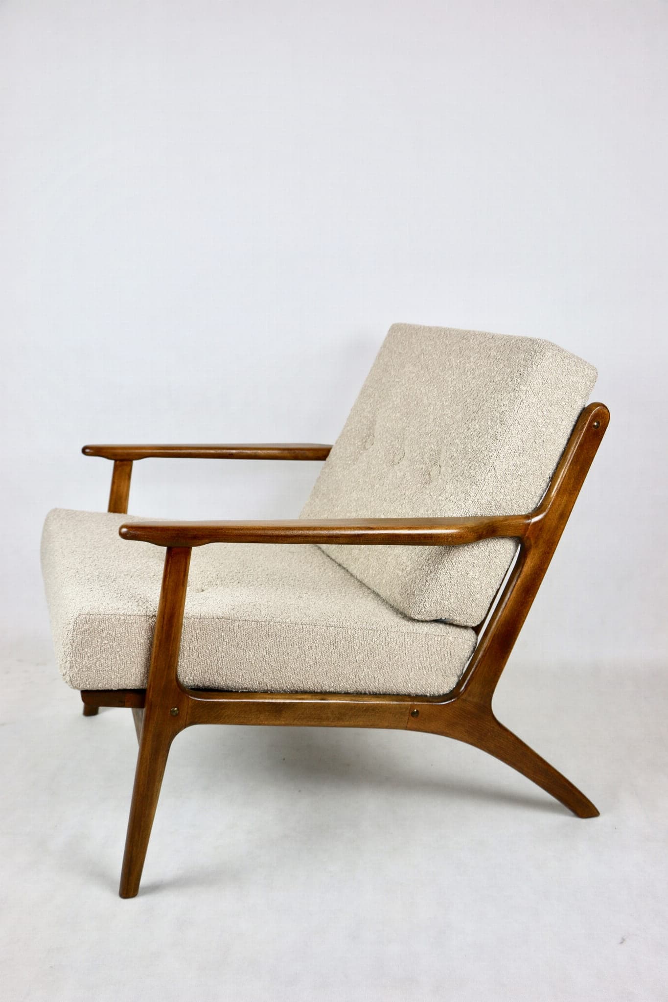 Armchair, beige bouclé, wood, Denmark, 1970s - 107783