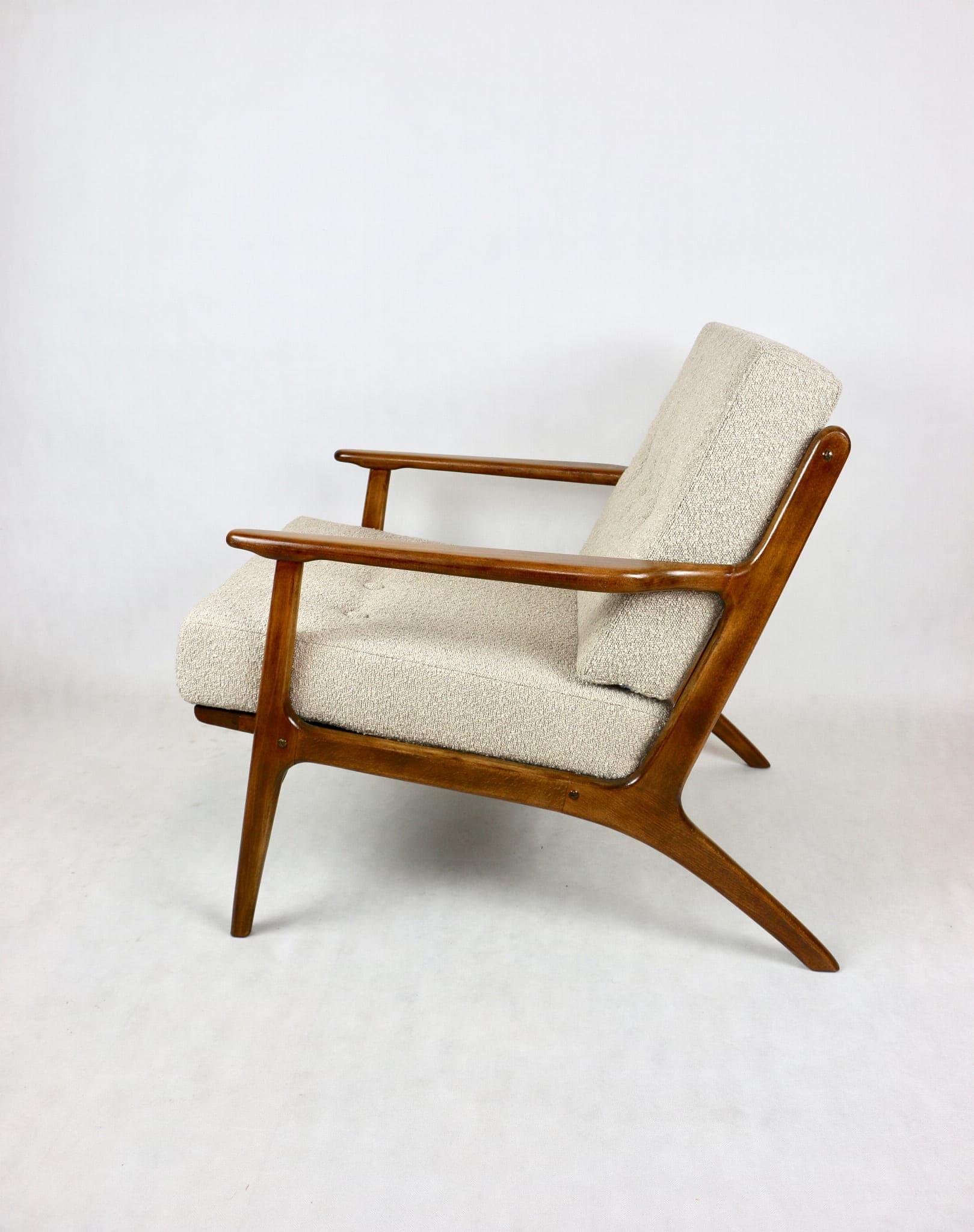 Armchair, beige bouclé, wood, Denmark, 1970s - 107788