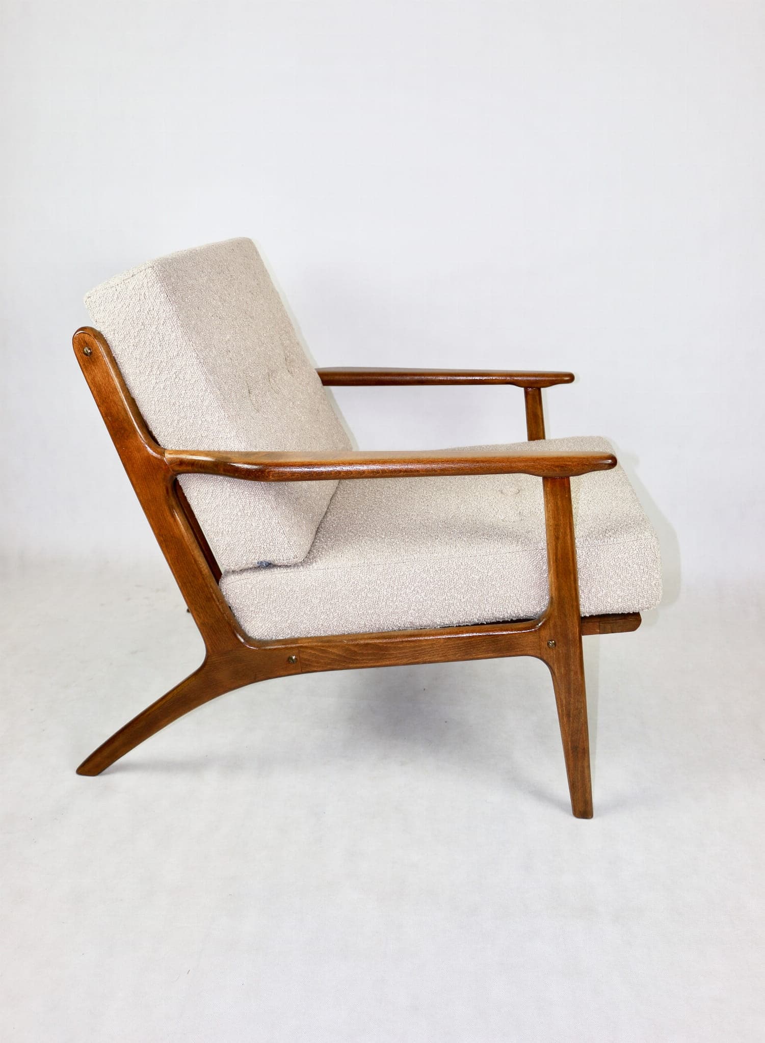 Armchair, beige bouclé, wood, Denmark, 1970s - 107785