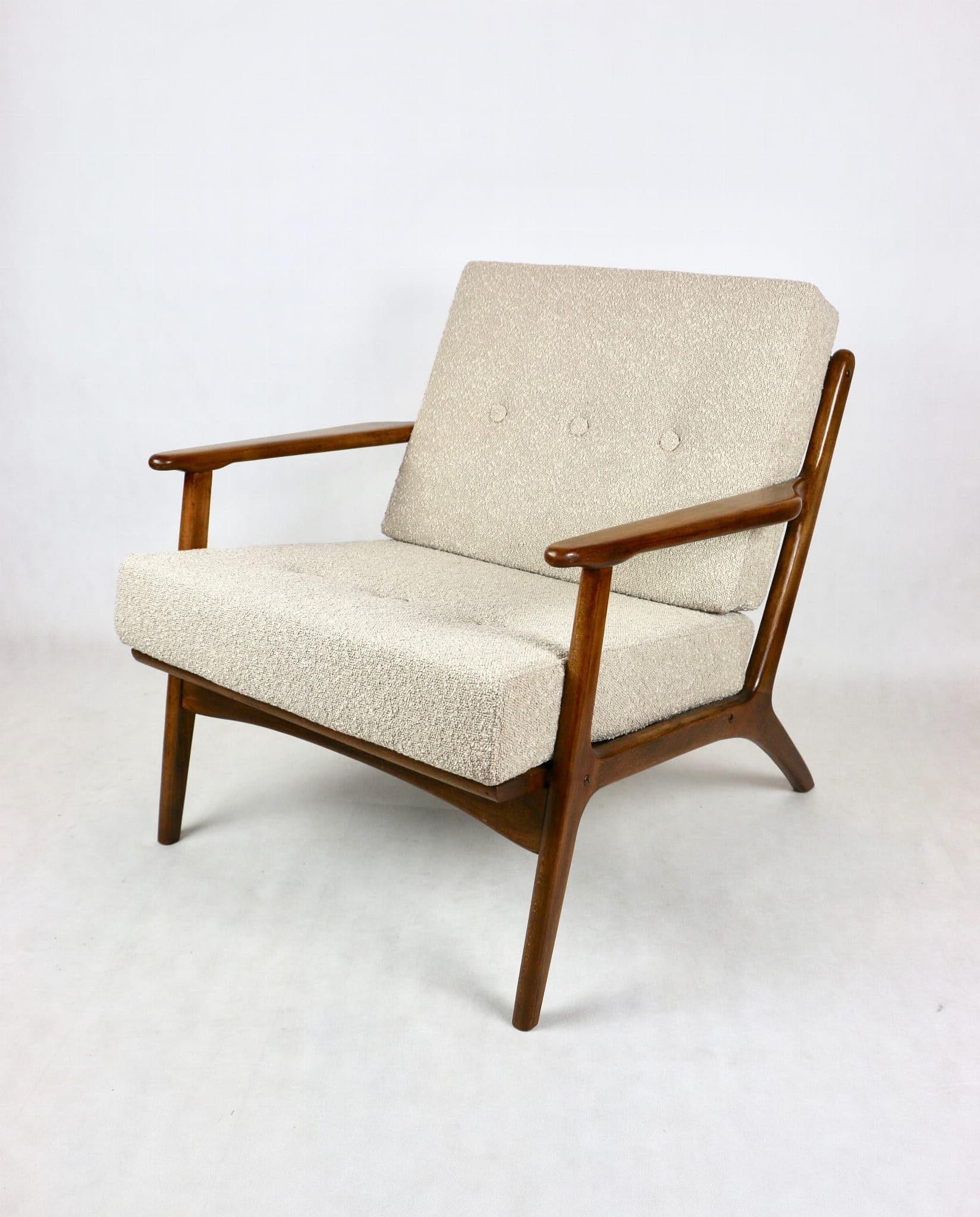 Armchair, beige bouclé, wood, Denmark, 1970s - 107791