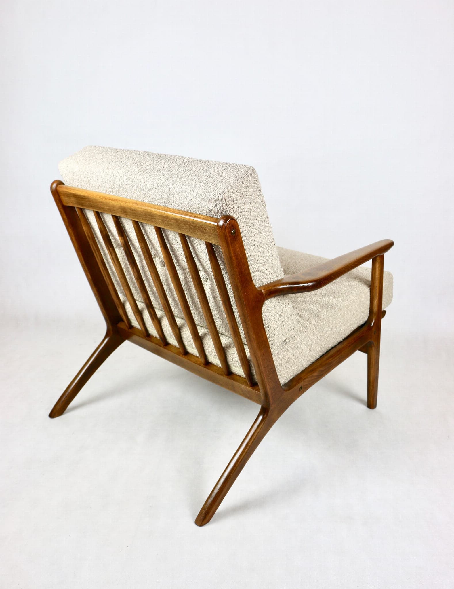 Armchair, beige bouclé, wood, Denmark, 1970s - 107786