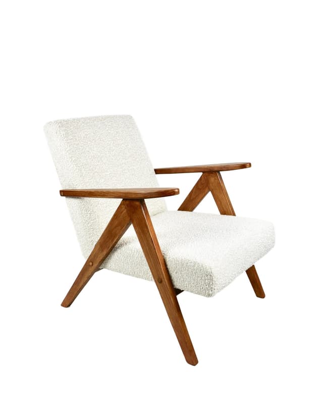 Armchair VAR B-310, ivory bouclé, natural oak, Poland, 1970s. - DIMENSION