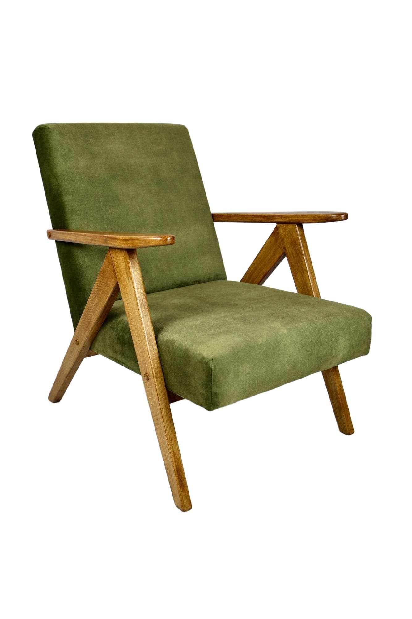 Armchair B-310 VAR, olive green velvet, oak wood, Poland, 1970s.