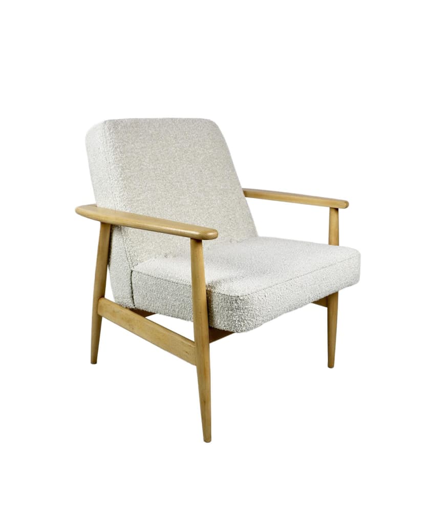 Fotel GFM-63, boucle biały, drewno naturalny, proj. J. Kędziorek, Polska, lata 70.