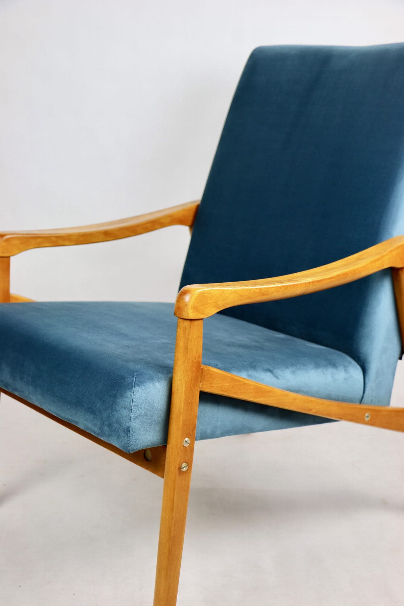 Armchair, blue velvet, beech, by J. Jiroutek, Czech Republic, 1970s. - 107566