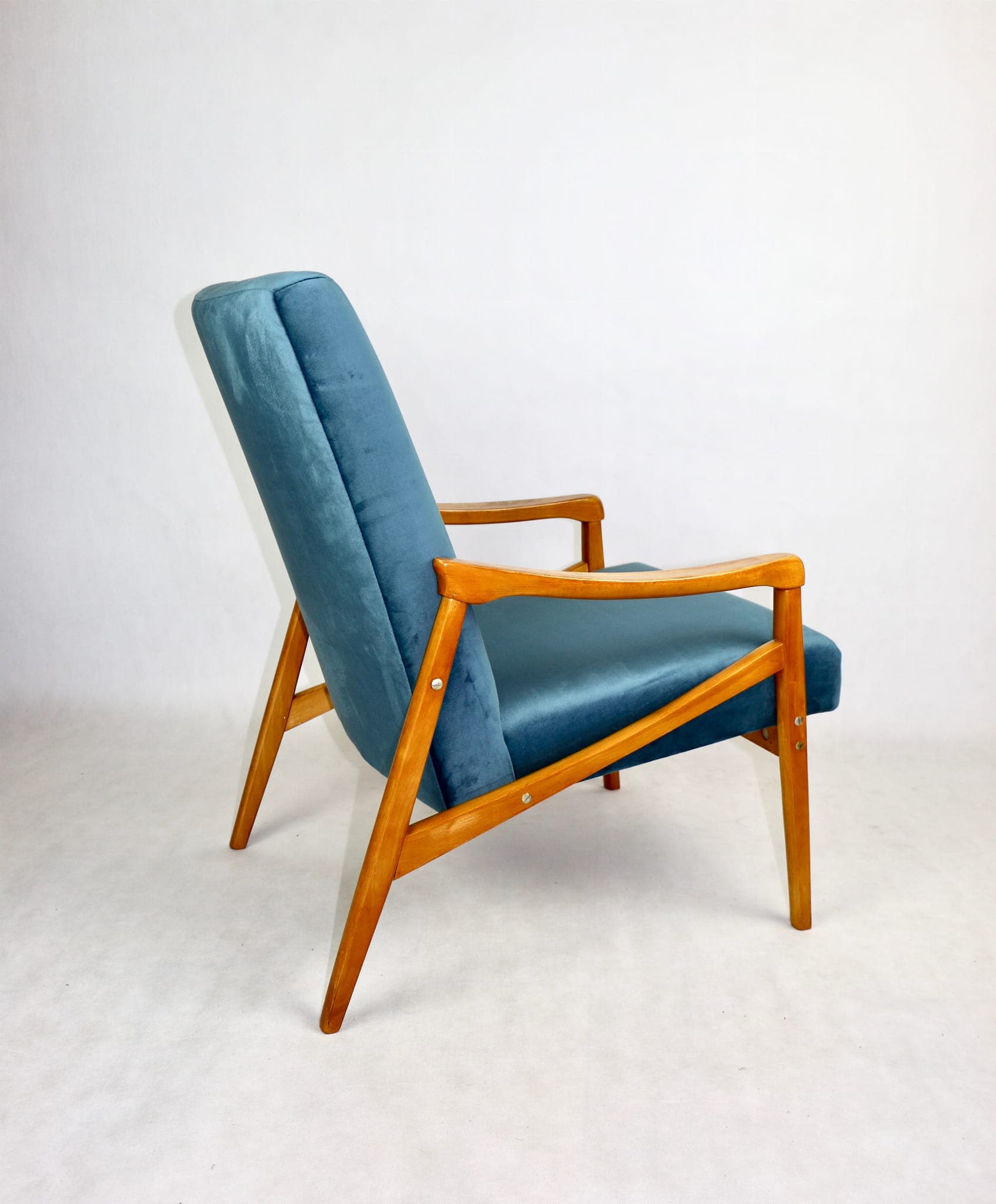 Armchair, blue velvet, beech, by J. Jiroutek, Czech Republic, 1970s. - 107570