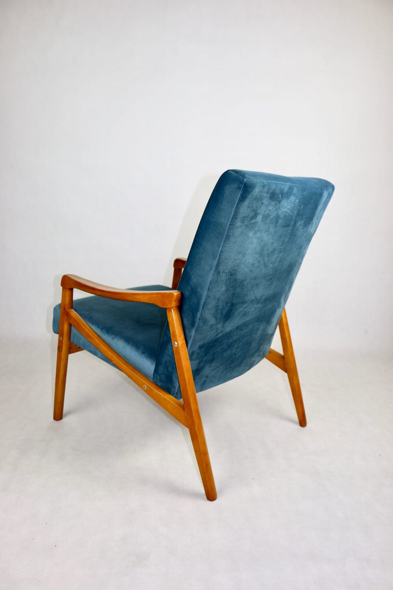 Armchair, blue velvet, beech, by J. Jiroutek, Czech Republic, 1970s. - 107568