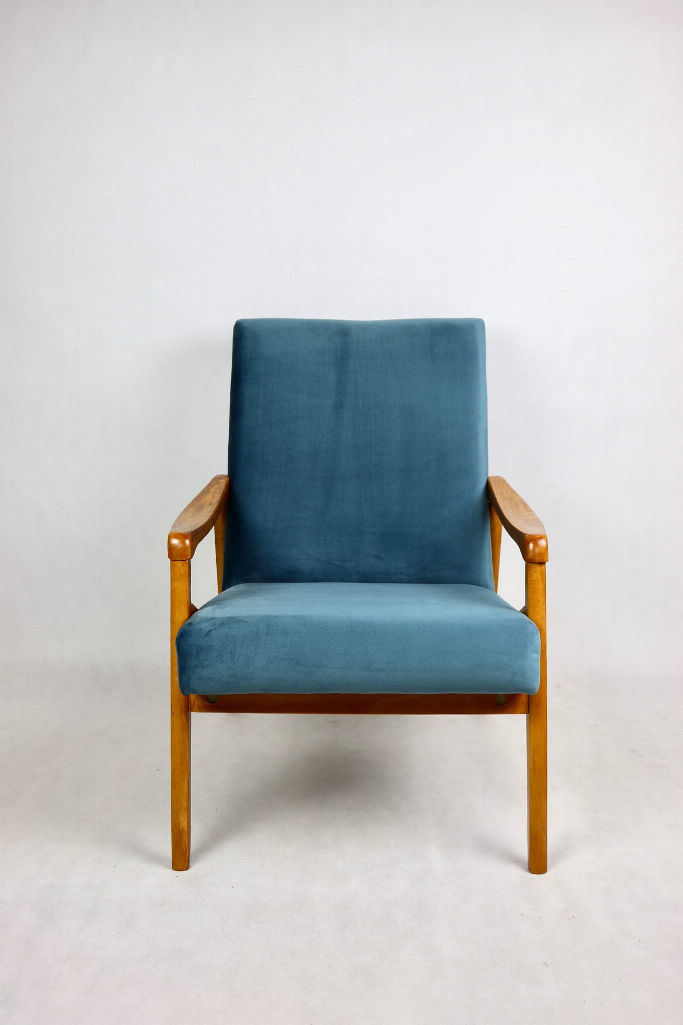 Armchair, blue velvet, beech, by J. Jiroutek, Czech Republic, 1970s. - 107563
