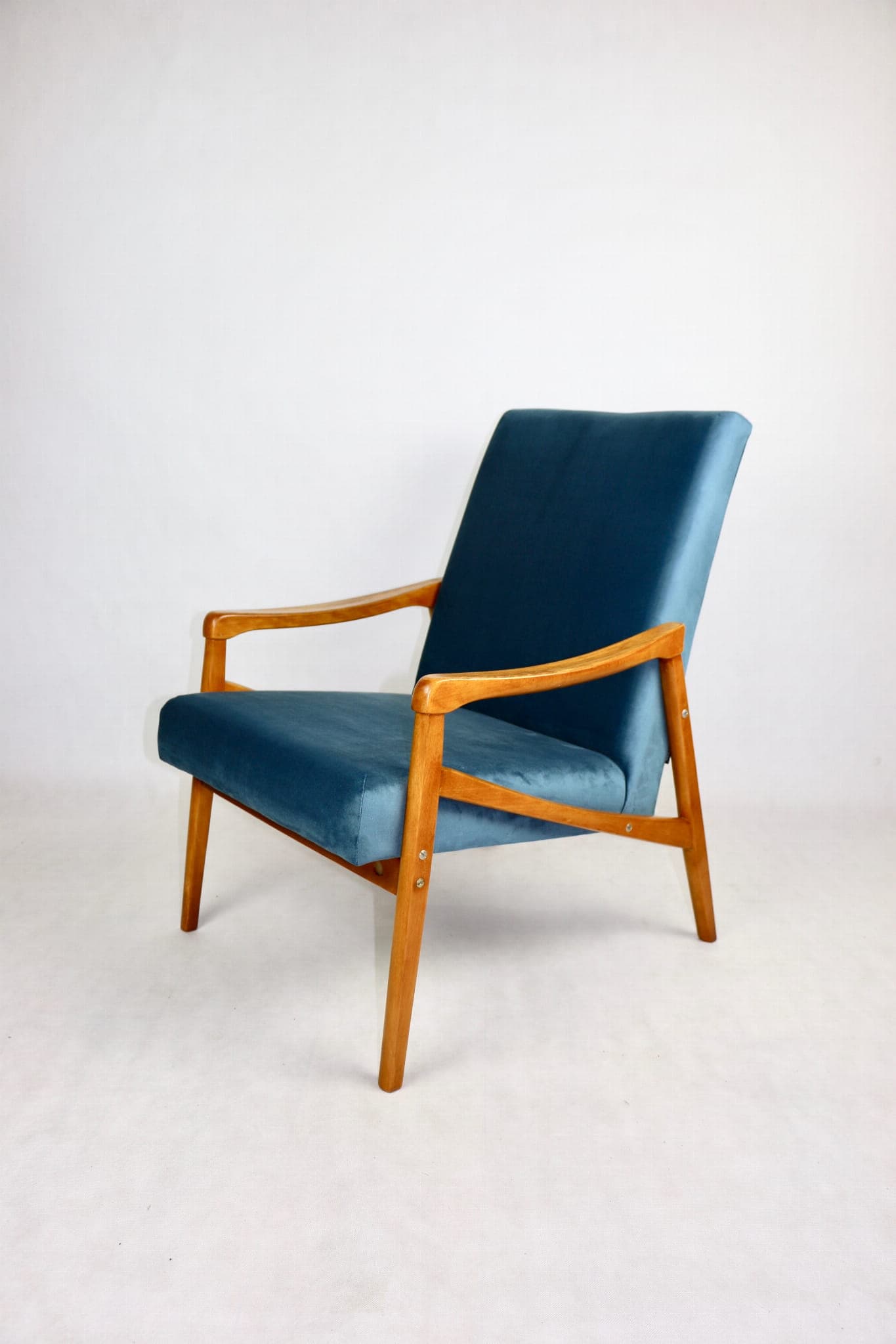 Armchair, blue velvet, beech, by J. Jiroutek, Czech Republic, 1970s. - 107565