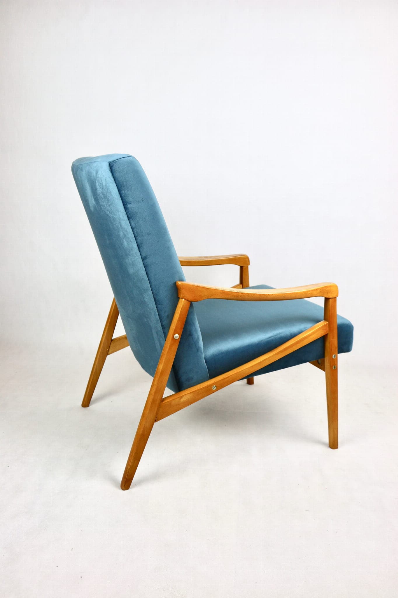 Armchair, blue velvet, beech, by J. Jiroutek, Czech Republic, 1970s. - 107571