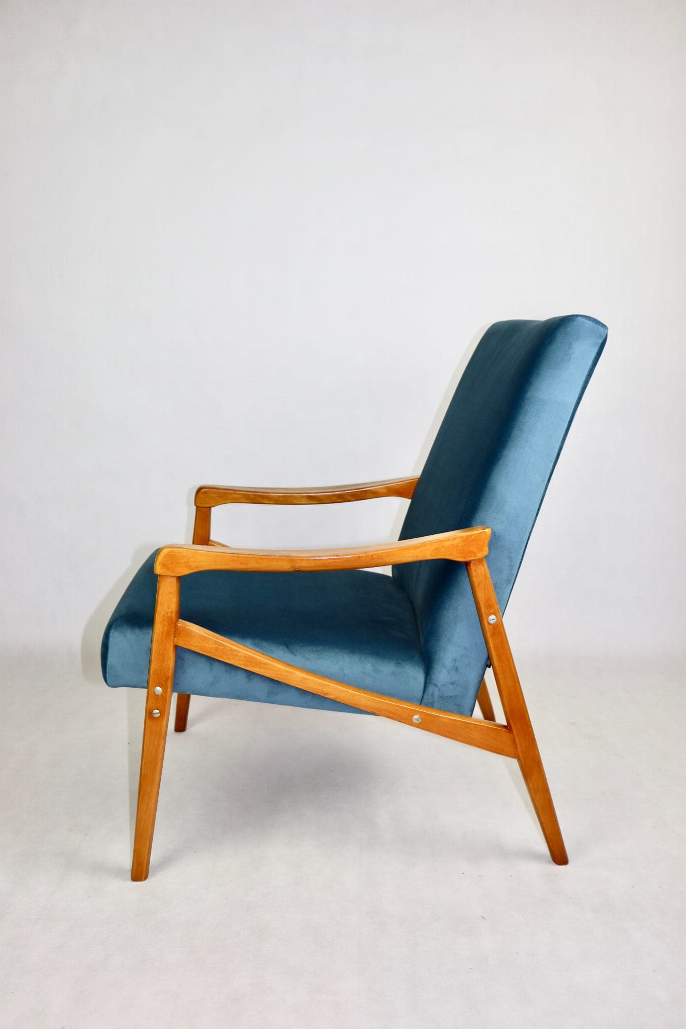 Armchair, blue velvet, beech, by J. Jiroutek, Czech Republic, 1970s. - 107567