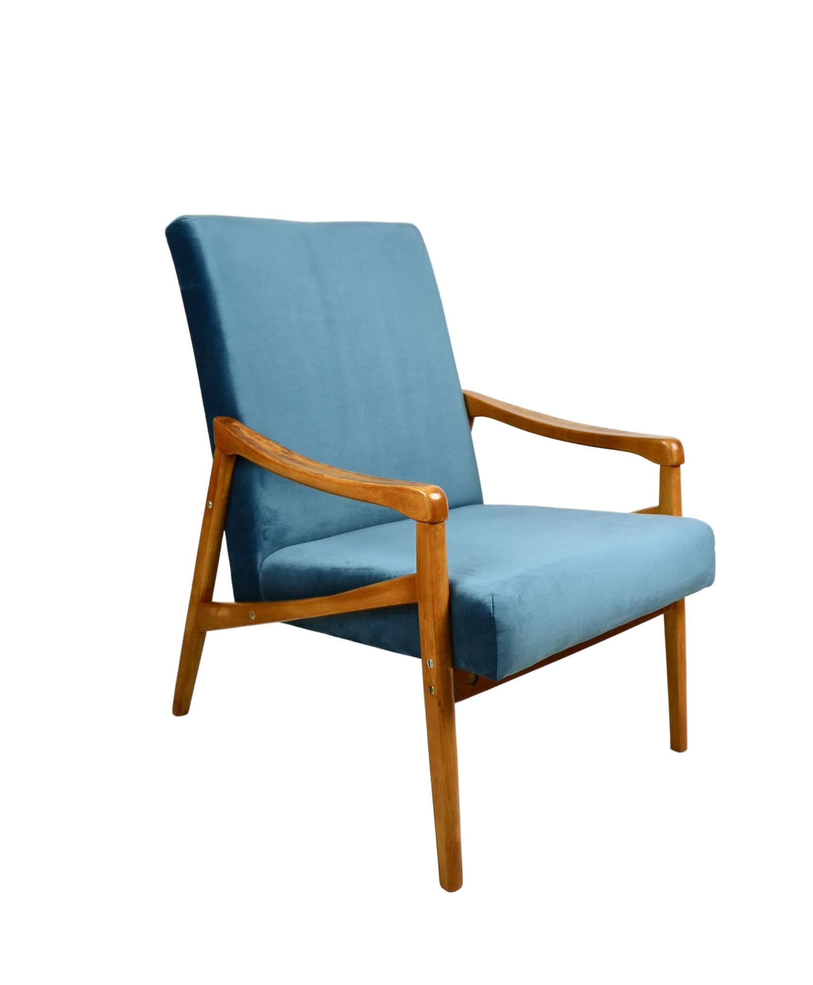 Armchair, blue velvet, beech, by J. Jiroutek, Czech Republic, 1970s.