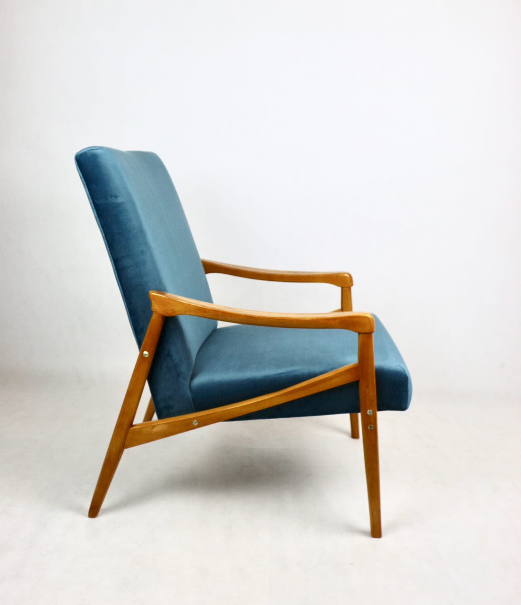 Armchair, blue velvet, beech, by J. Jiroutek, Czech Republic, 1970s. - 107572