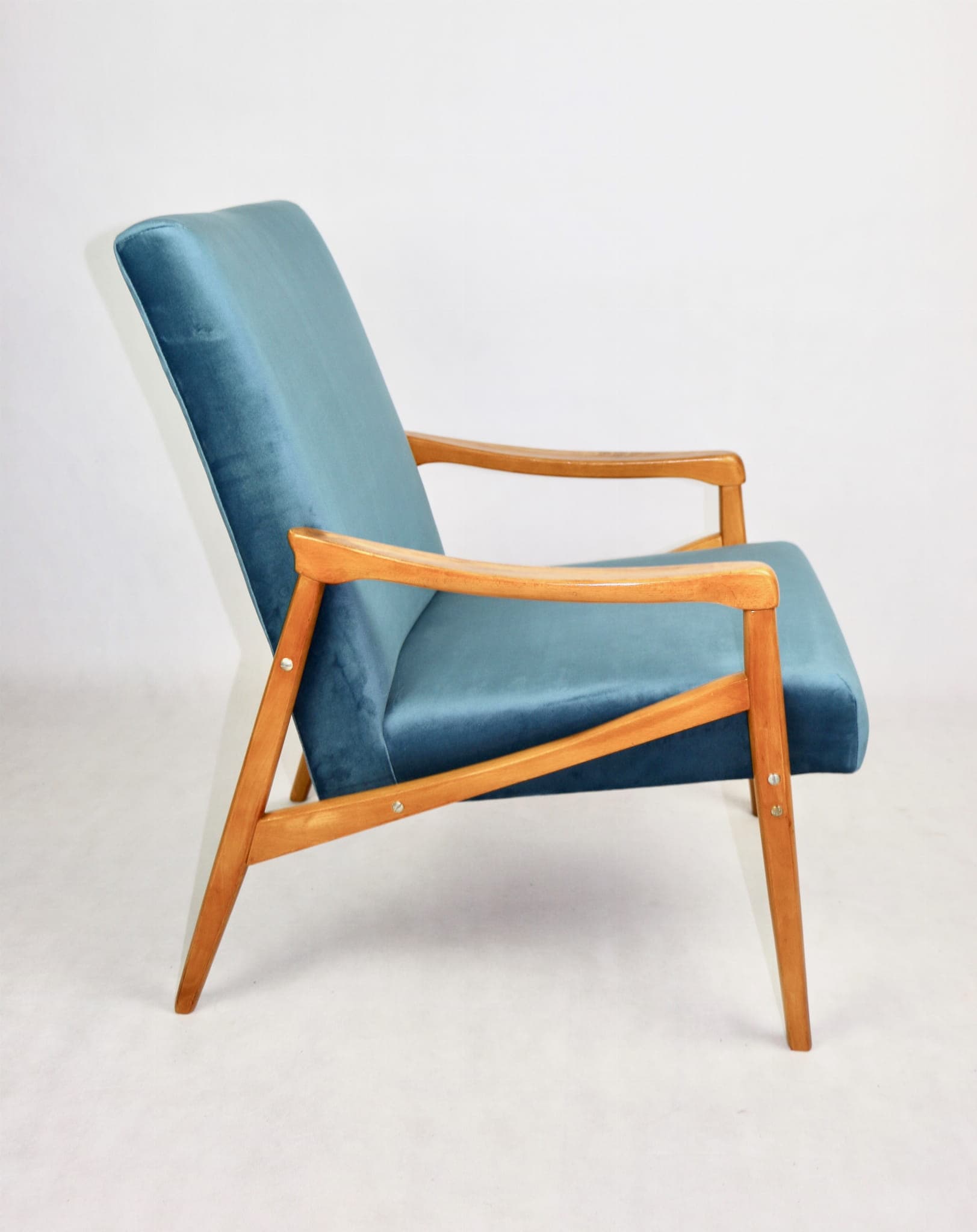 Armchair, blue velvet, beech, by J. Jiroutek, Czech Republic, 1970s. - 107564