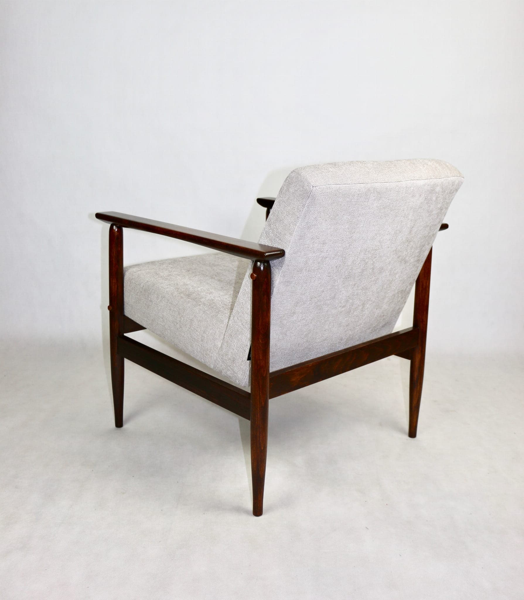 Armchair, light grey, dark brown wood, 1970s - 107536