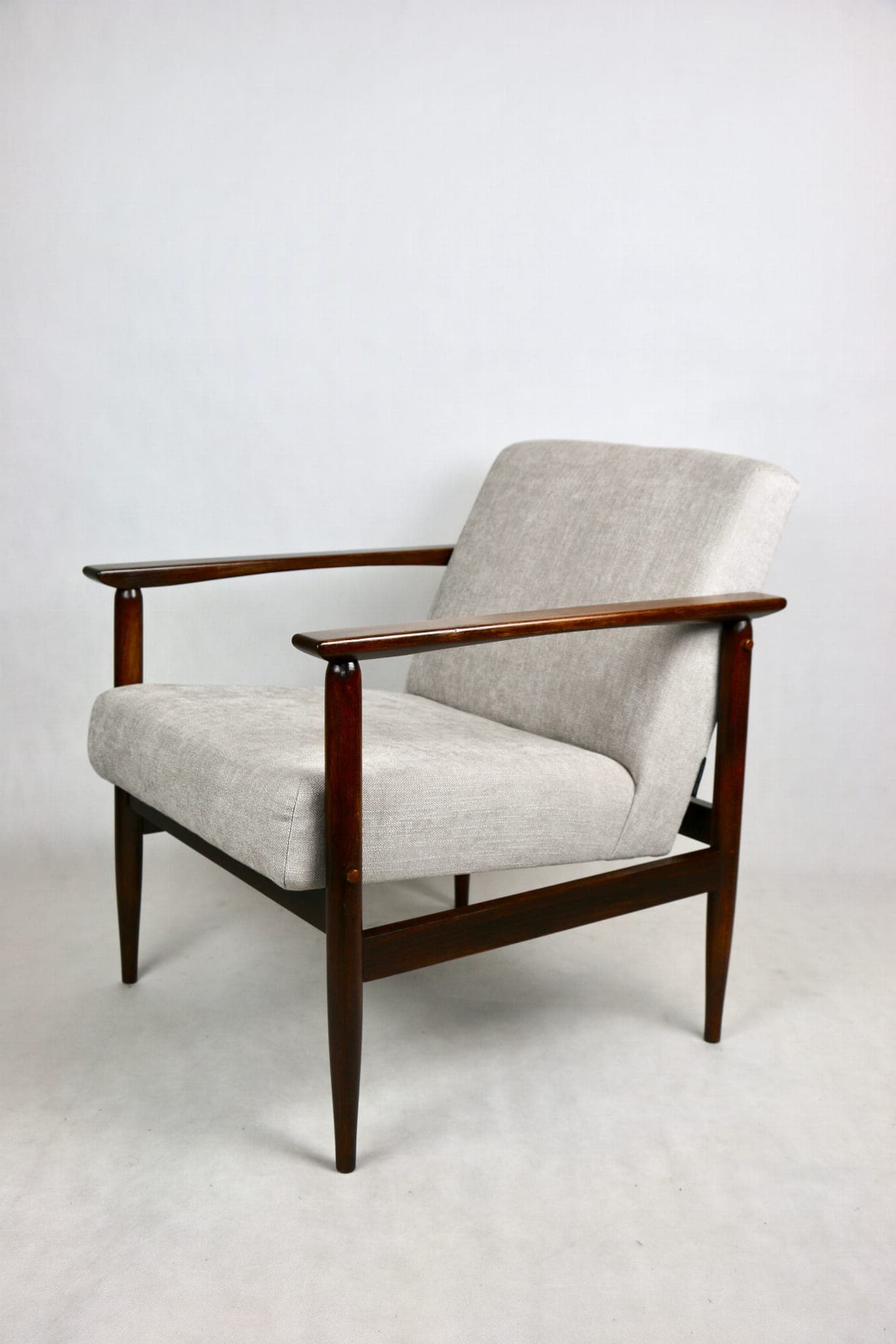 Armchair, light grey, dark brown wood, 1970s - 107534