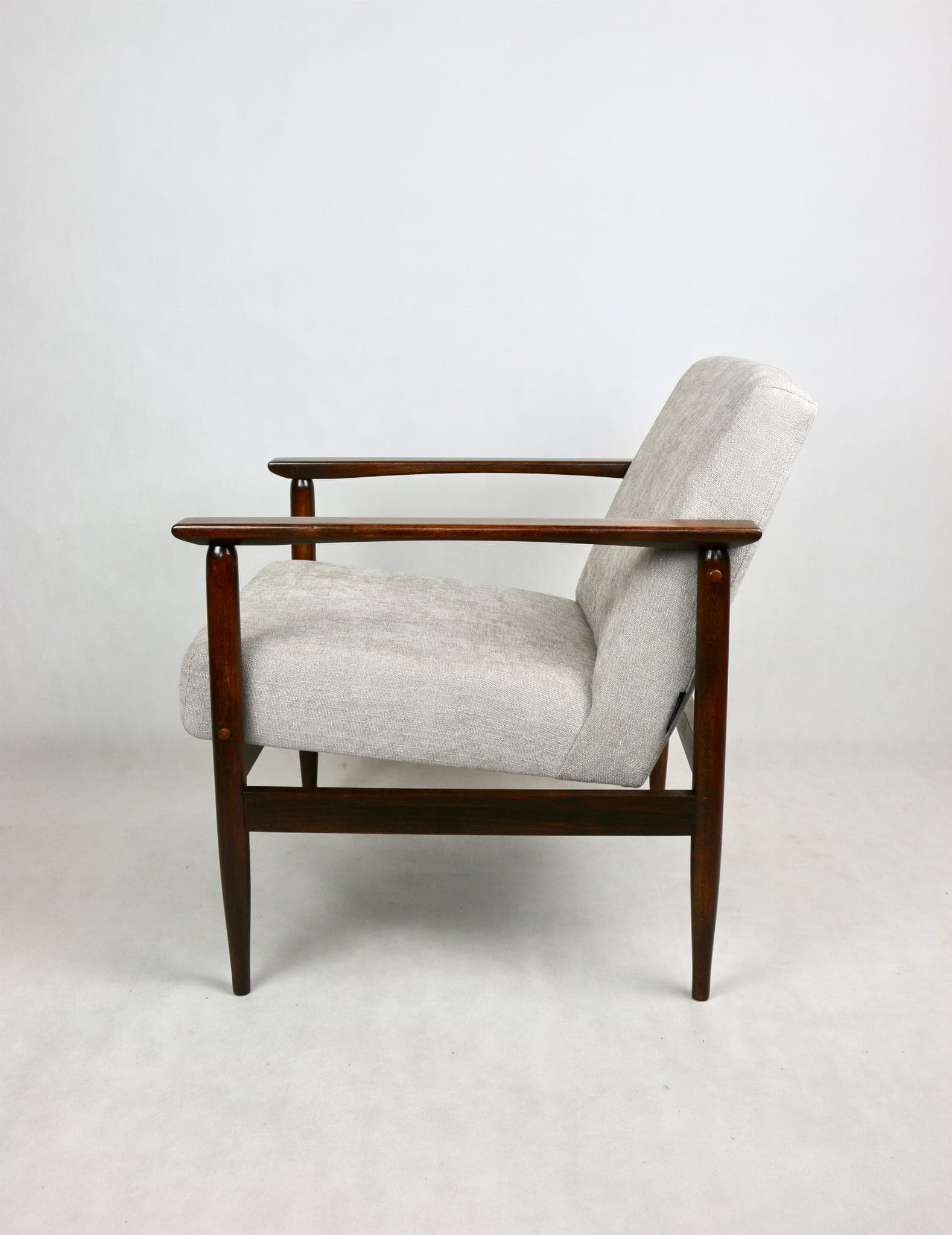 Armchair, light grey, dark brown wood, 1970s - 107535