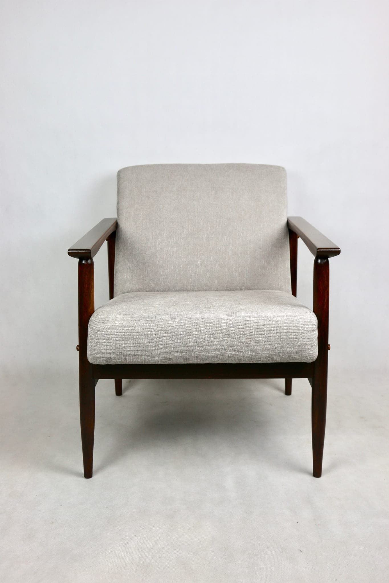 Armchair, light grey, dark brown wood, 1970s - 107532