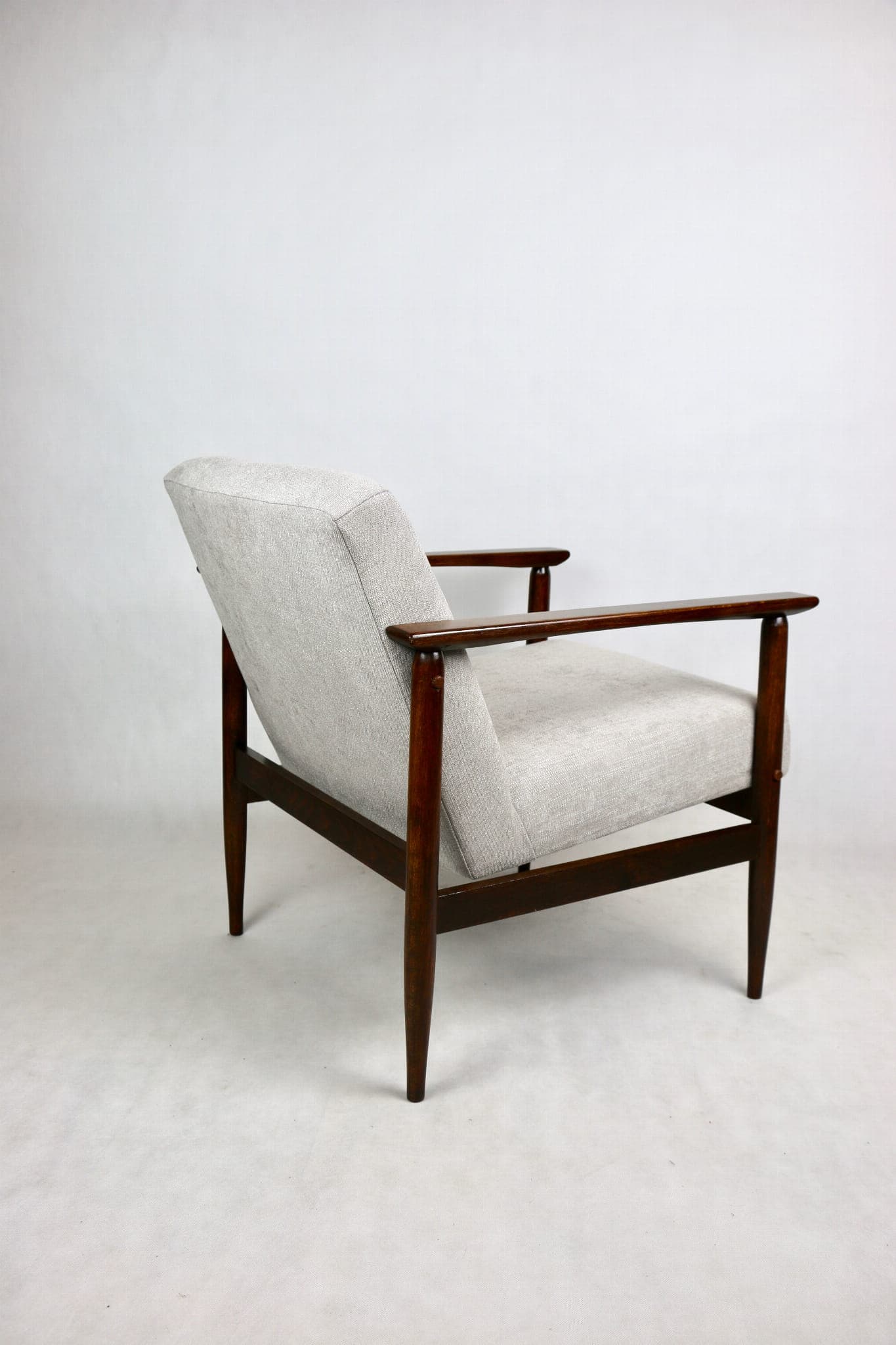 Armchair, light grey, dark brown wood, 1970s - 107539
