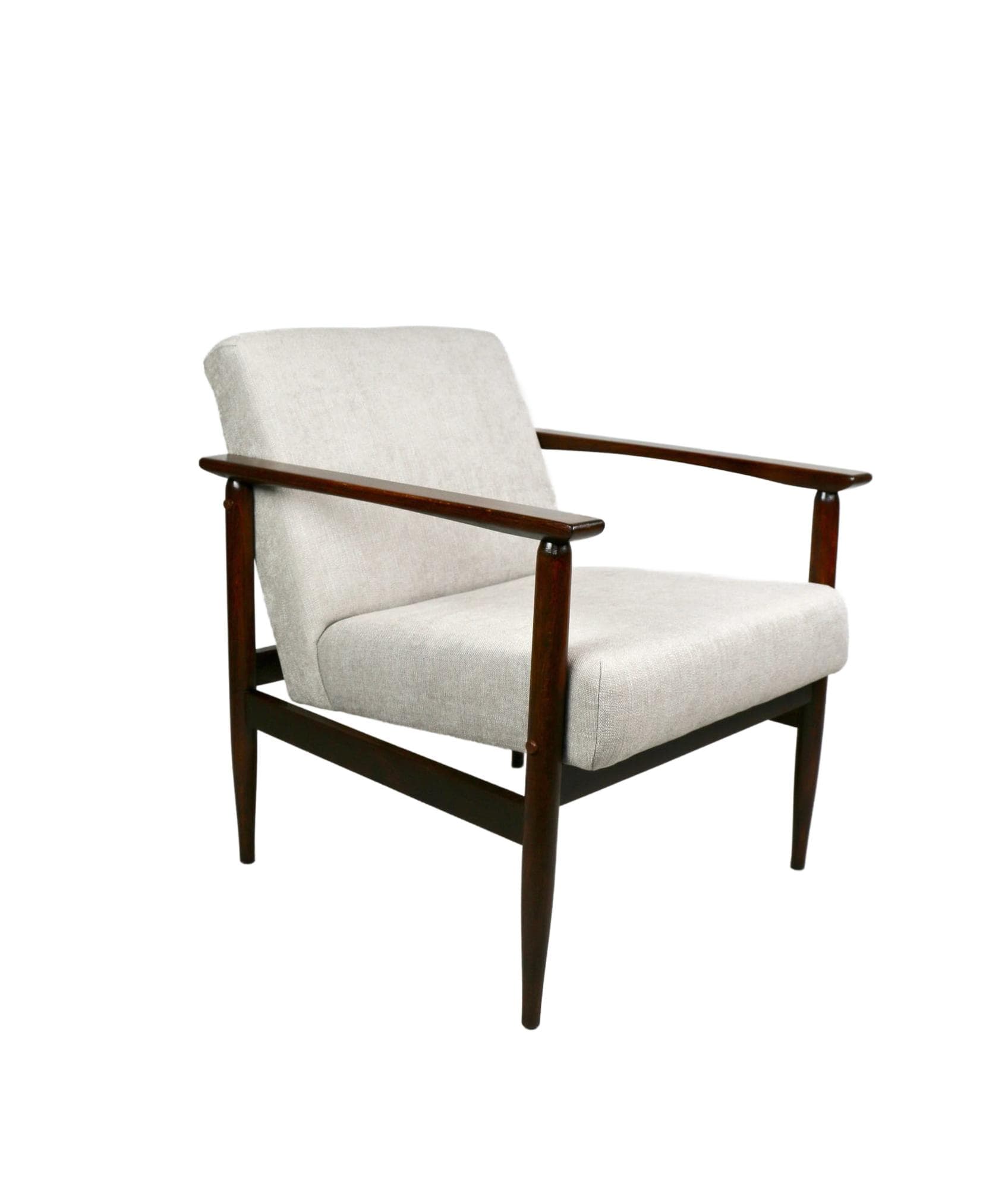 Armchair, light grey, dark brown wood, 1970s