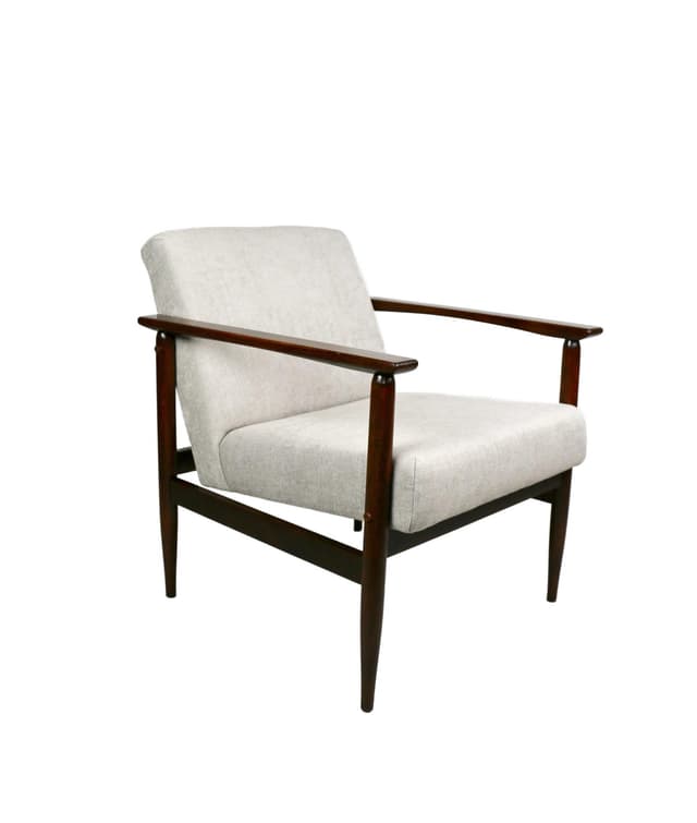 Armchair, light grey, dark brown wood, 1970s - DIMENSION